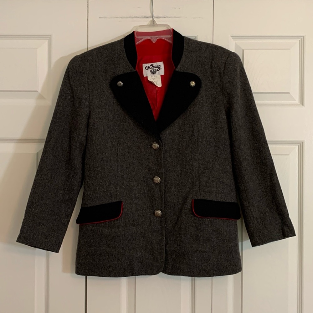 Vintage Lanz 100% Wool Blazer Jacket Grey Black Red Women’s 8 Fully Lined.   K1